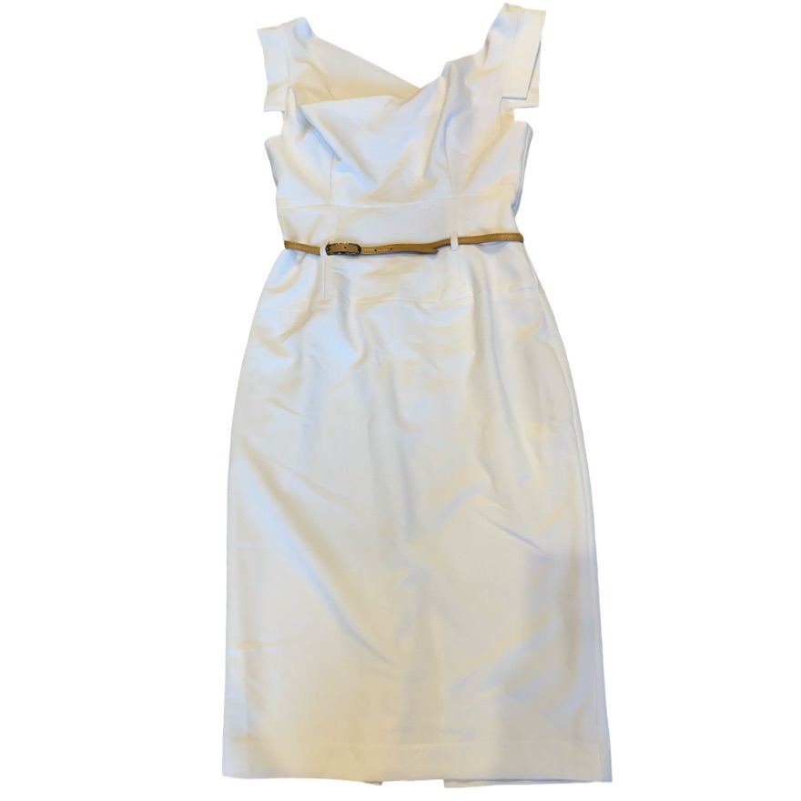 Black Halo Jackie O White Belted Sheath Dress Cap Sleeve Knee Length Size 6